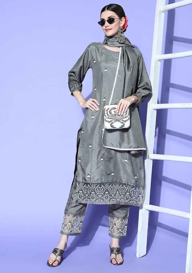 Grey Thread Embroidered Silk Chiffon Kurta Set