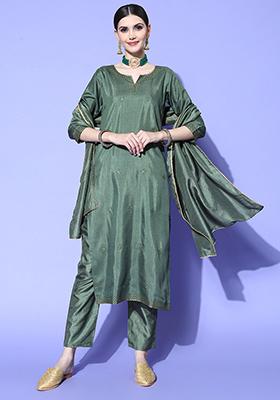 Green Printed Silk Chiffon Kurta Set