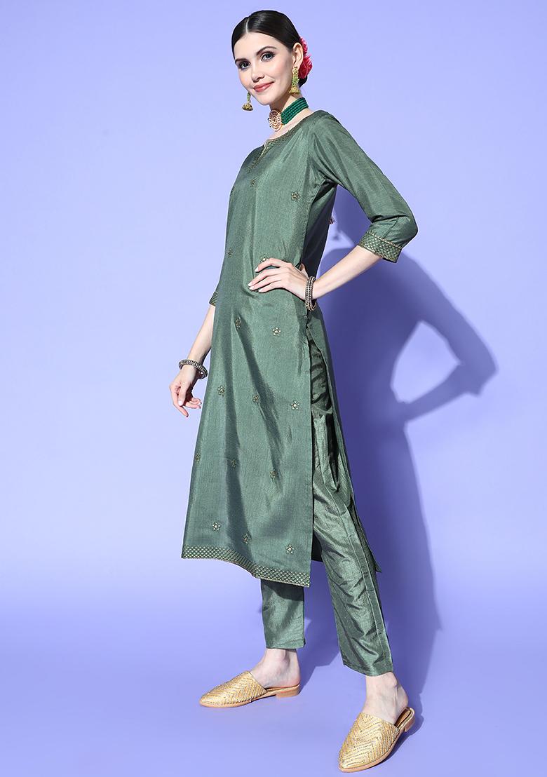Green Printed Silk Chiffon Kurta Set