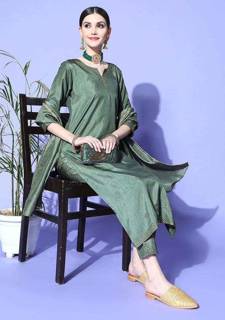 Green Printed Silk Chiffon Kurta Set