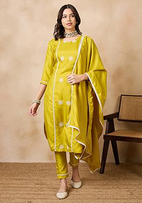 Yellow Thread Embroidered Silk Chiffon Kurta Set