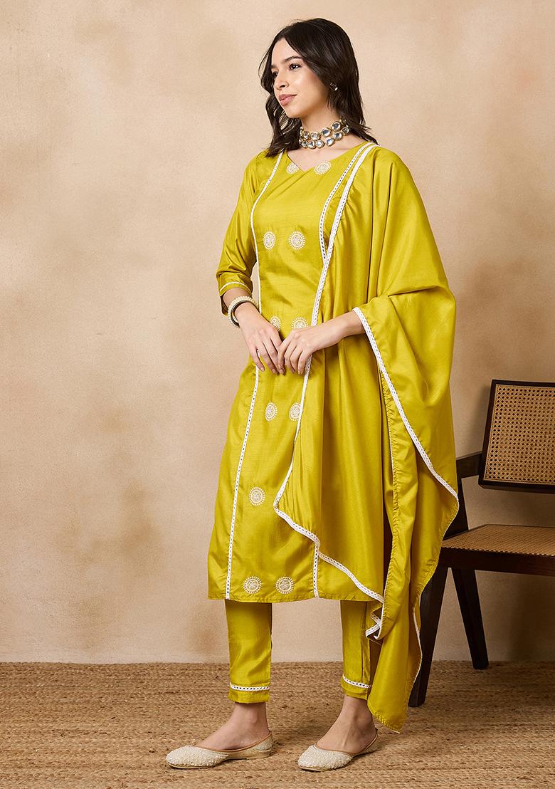 Yellow Thread Embroidered Silk Chiffon Kurta Set