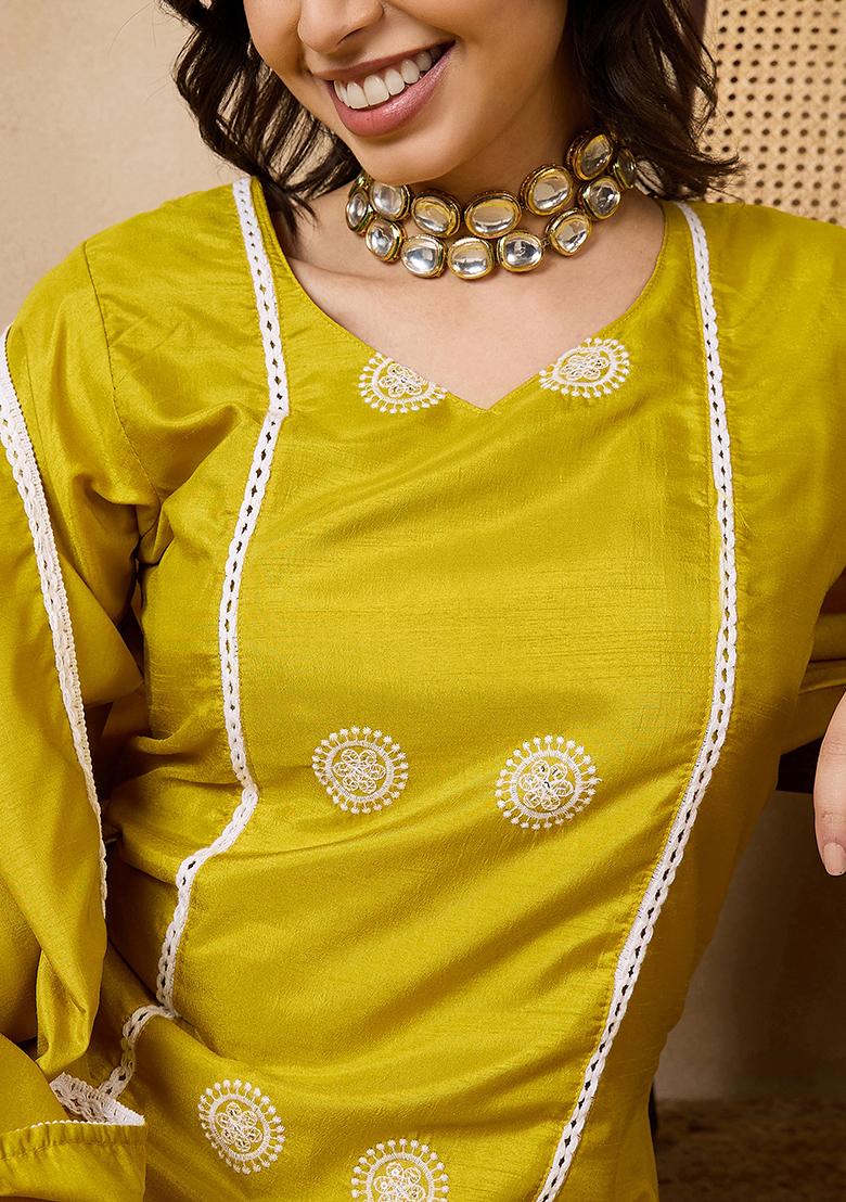Yellow Thread Embroidered Silk Chiffon Kurta Set