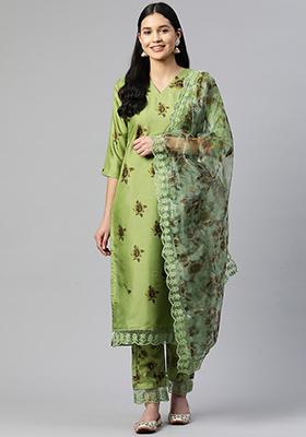Light Green Printed Silk Chiffon Kurta Set