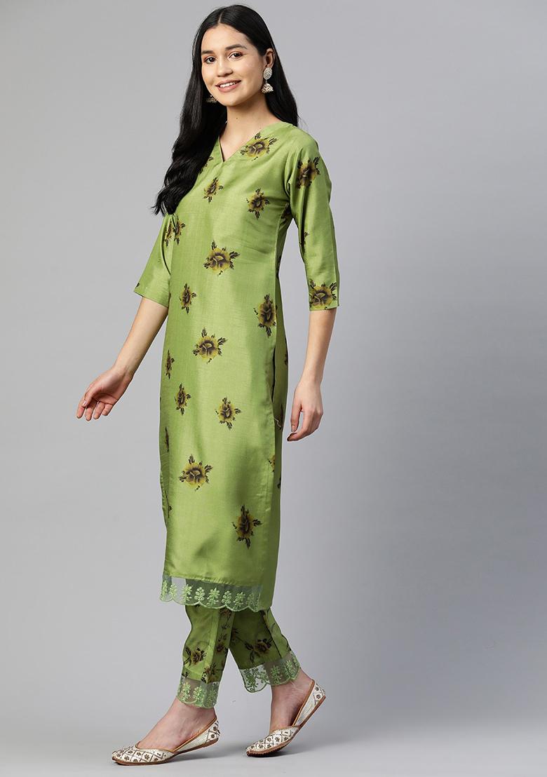 Light Green Printed Silk Chiffon Kurta Set