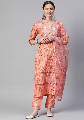 Peach Embroidered Silk Chiffon Kurta Set