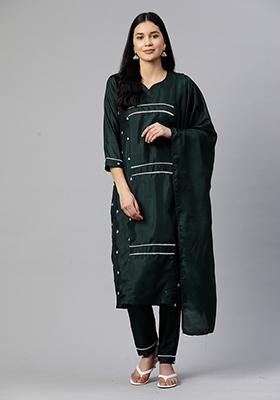 Green Printed Silk Chiffon Kurta Set
