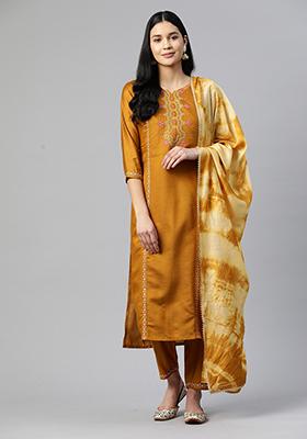 Yellow Embroidered Art Silk Kurta Set