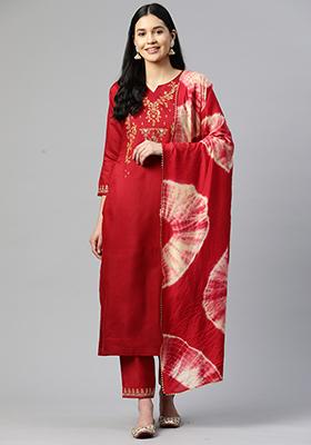 Maroon Embroidered Art Silk Kurta Set