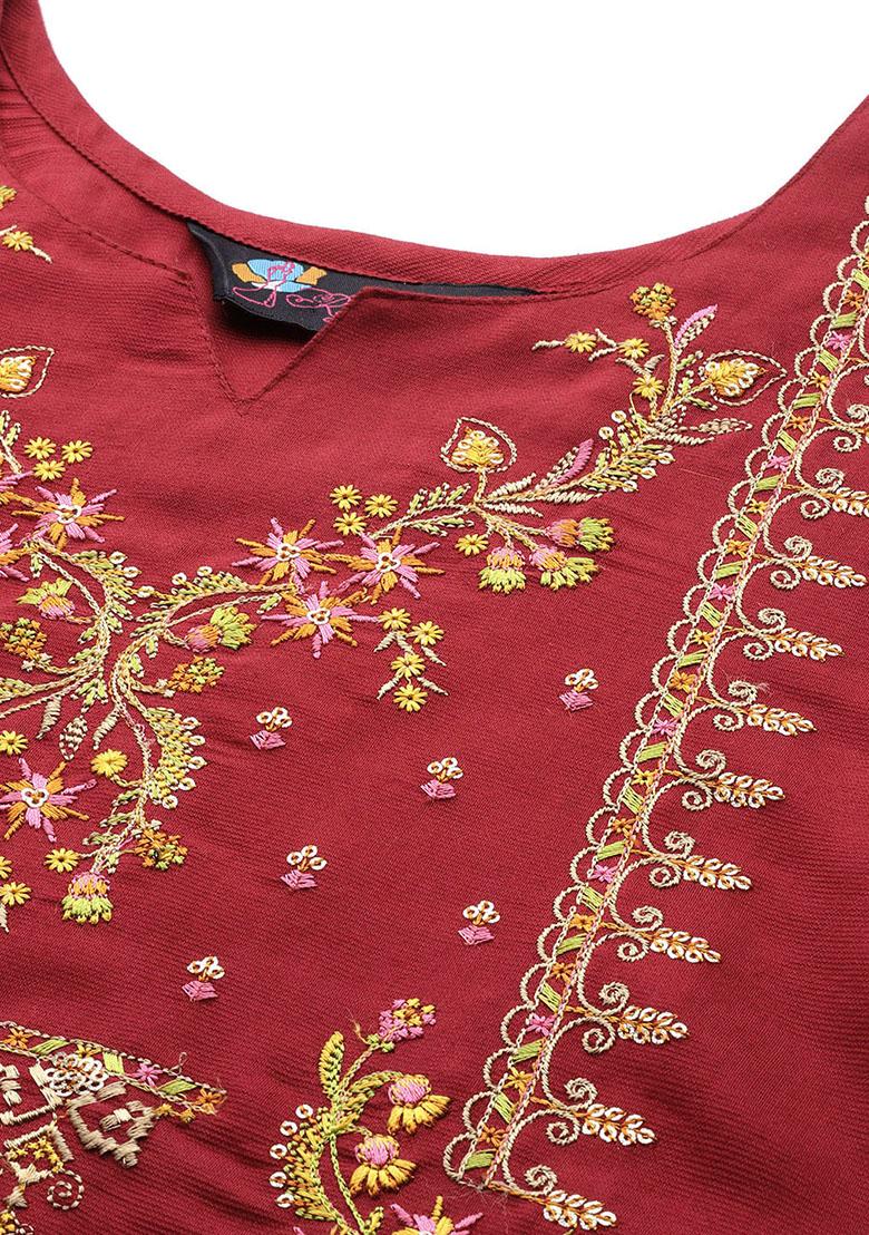 Maroon Embroidered Art Silk Kurta Set