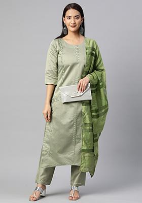 Green Embroidered Art Silk Kurta Set