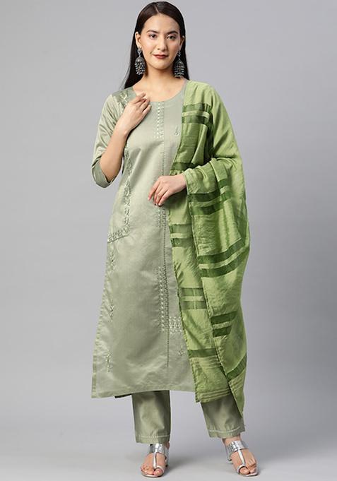 Green Art Silk Kurta Set with Scalloped Zari Embroidered Details with dupatta