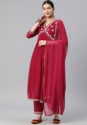 Pink Embroidered Faux Georgette Kurta Set With Dupatta