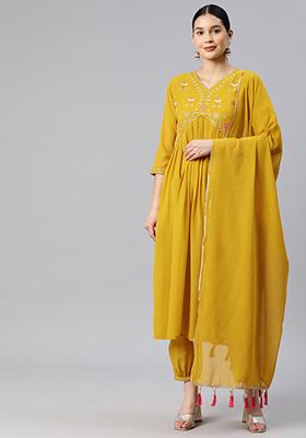 Yellow Embroidered Faux Georgette Kurta Set