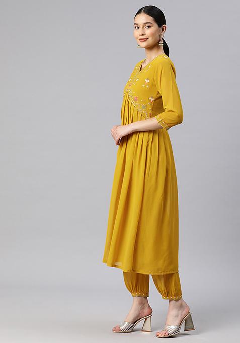 Floral Poly Georgette Nuovo Sleeves Kurta Set