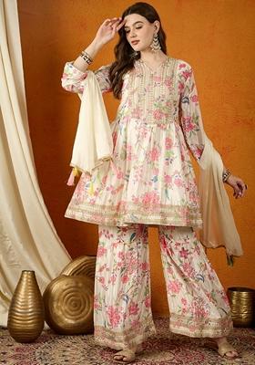 Cream Embroidered Chinon Sharara Set