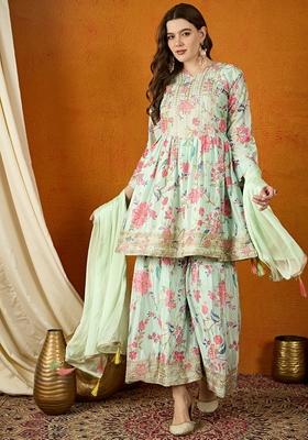 Pista Green Embroidered Chinon Sharara Set