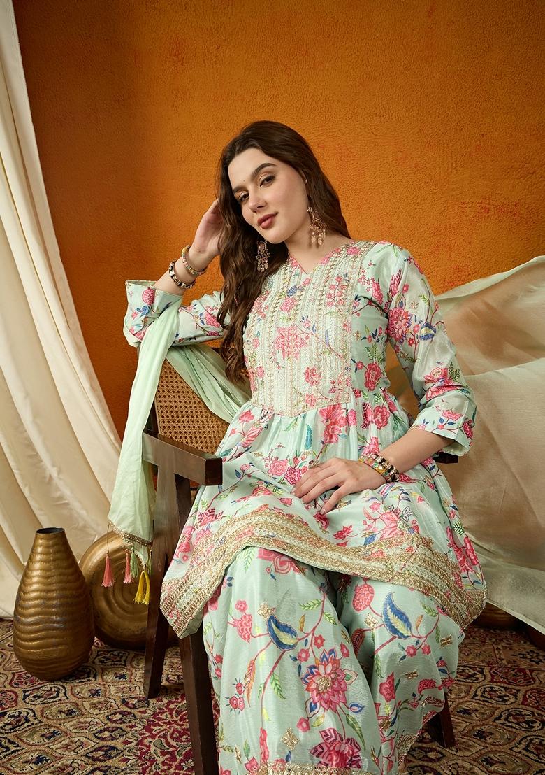 Buy Women Pista Green Embroidered Chinon Sharara Set - XKS13230 - Sharara Sets - Indya Buy Women Pista Green Embroidered Chinon Sharara Set - XKS13230 - Sharara Sets - Indya