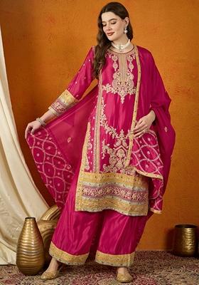 Dark Pink Embroidered Chinon Kurta Set