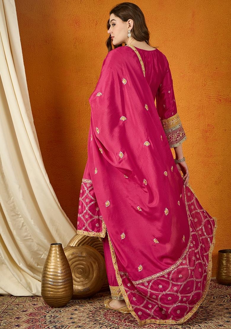Dark Pink Embroidered Chinon Kurta Set