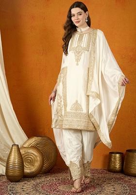 Off White Embroidered Chinon Kurta Set