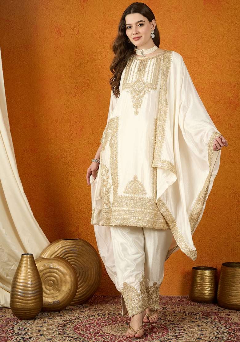 Off White Embroidered Chinon Kaftan - Indya
