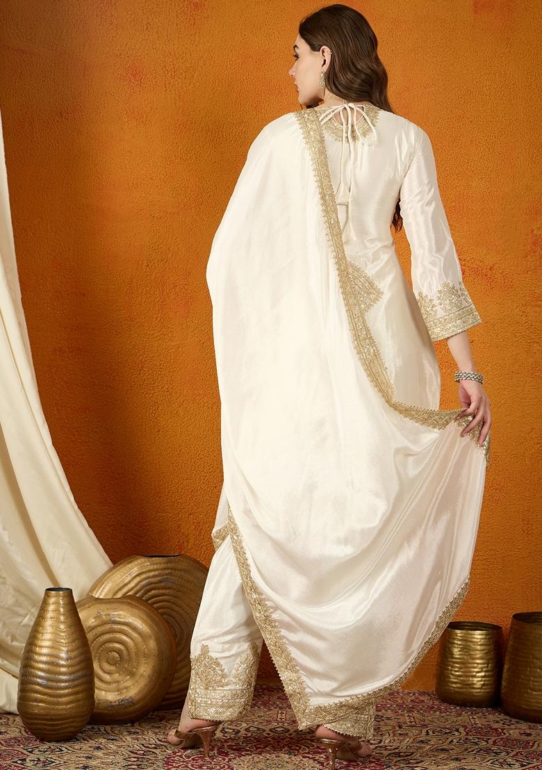 Off White Embroidered Chinon Kurta Set
