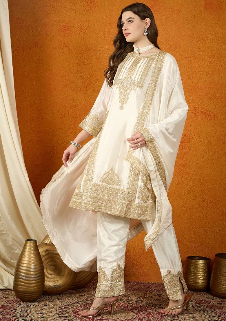 Off White Embroidered Chinon Kaftan - Indya