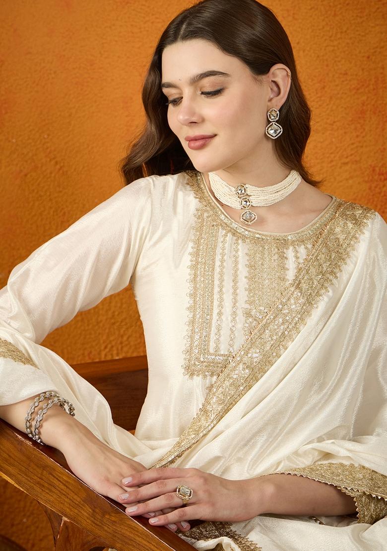 Off White Embroidered Chinon Kurta Set