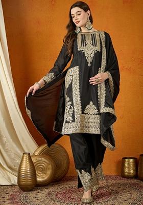 Black Embroidered Chinon Kurta Set