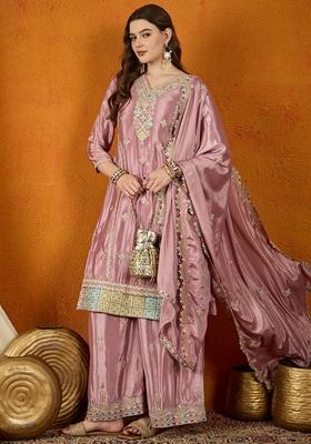 Light Purple Embroidered Chinon Kurta Set