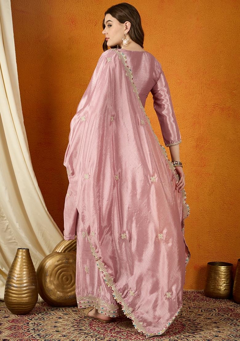 Light Purple Embroidered Chinon Kurta Set