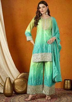 Teal Embroidered Chinon Kurta Set