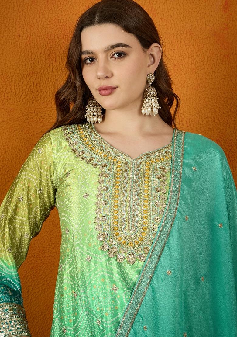 Teal Embroidered Chinon Kurta Set