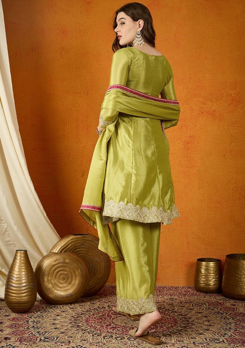 Mehendi Embroidered Chinon Kurta Set