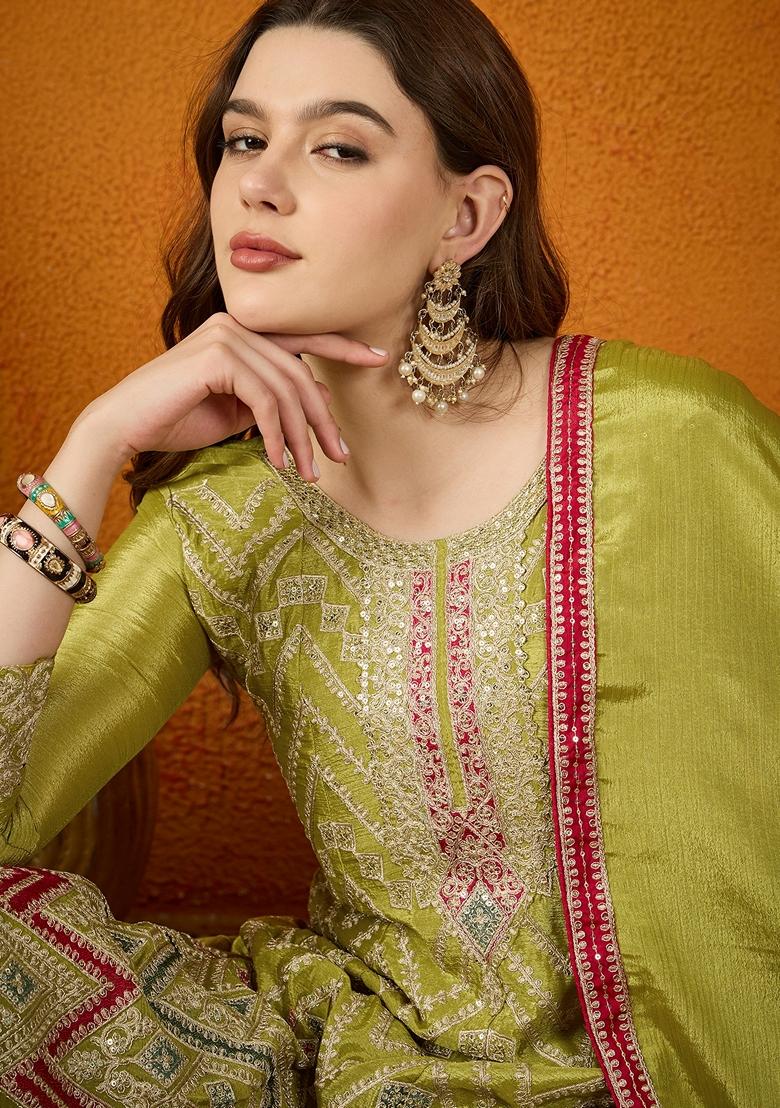 Mehendi Embroidered Chinon Kurta Set