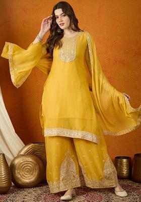 Yellow Embroidered Georgette Kurta Set