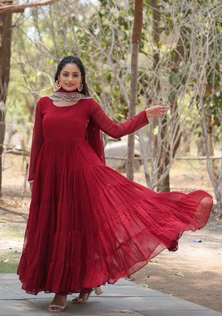 Maroon Sequin Embroidered Faux Blooming Georgette Anarkali Set