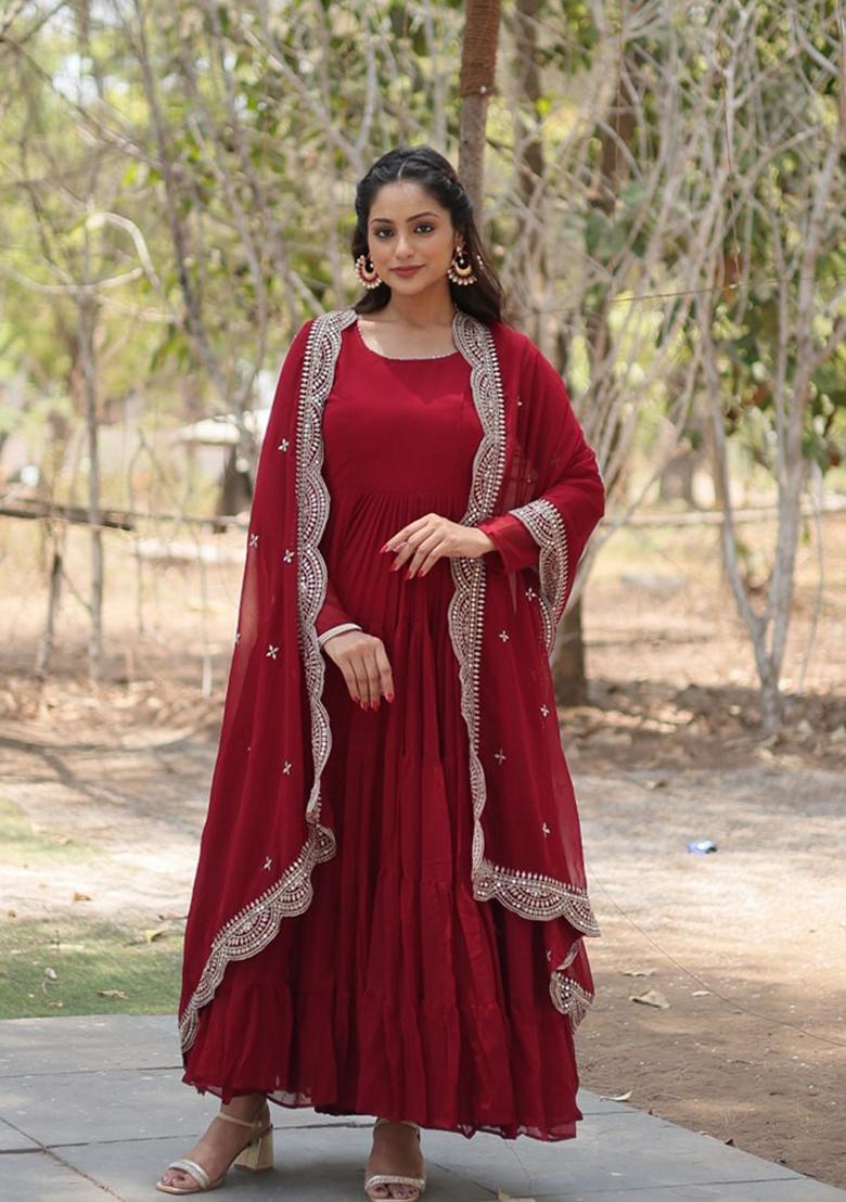 Maroon Sequin Embroidered Faux Blooming Georgette Anarkali Set