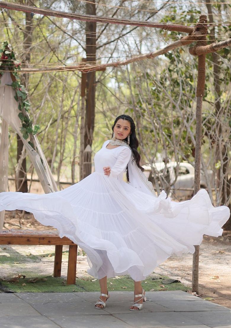 White Sequin Embroidered Faux Blooming Georgette Anarkali Set