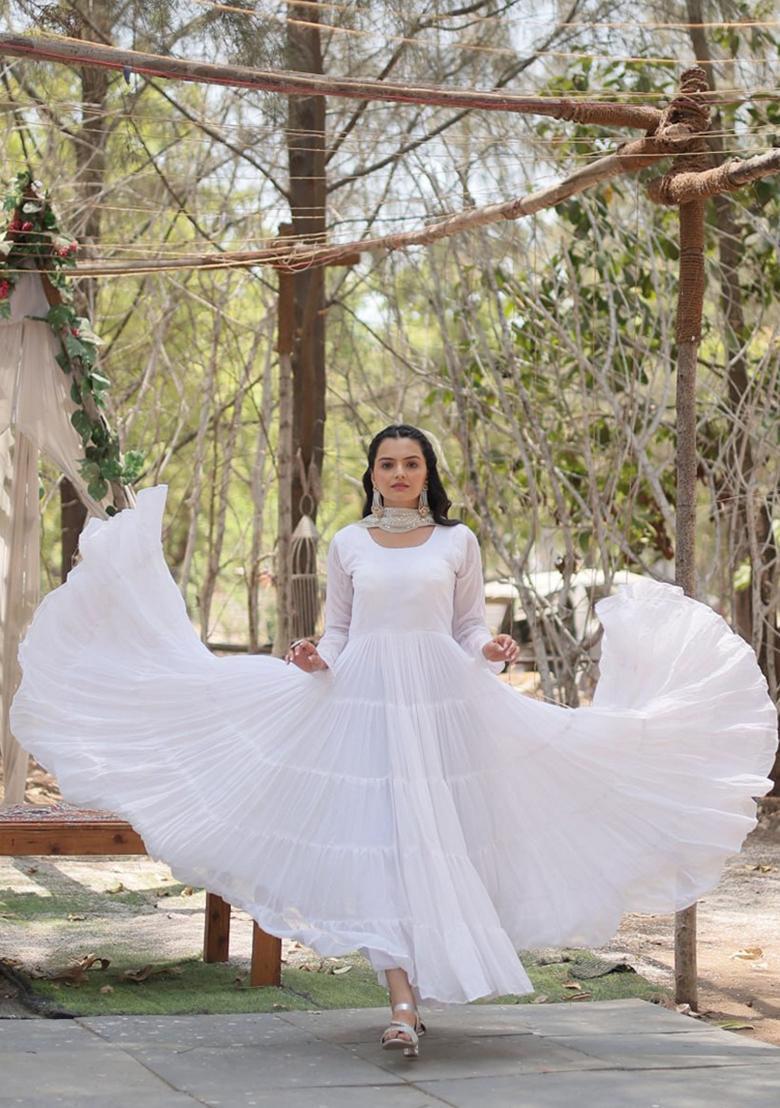 White Sequin Embroidered Faux Blooming Georgette Anarkali Set