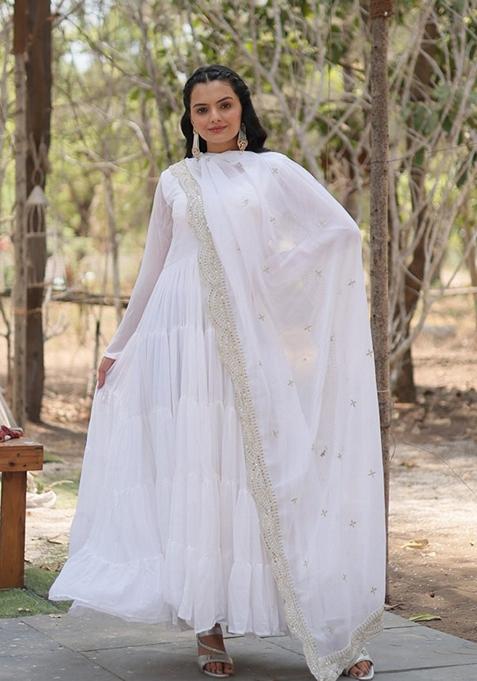 White Sequin Embroidered Faux Blooming Georgette Anarkali With Dupatta