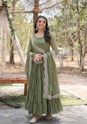 Mehendi Sequin Embroidered Faux Blooming Georgette Anarkali Set