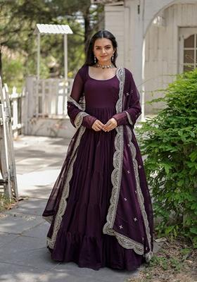 Wine Sequin Embroidered Faux Blooming Georgette Anarkali Set
