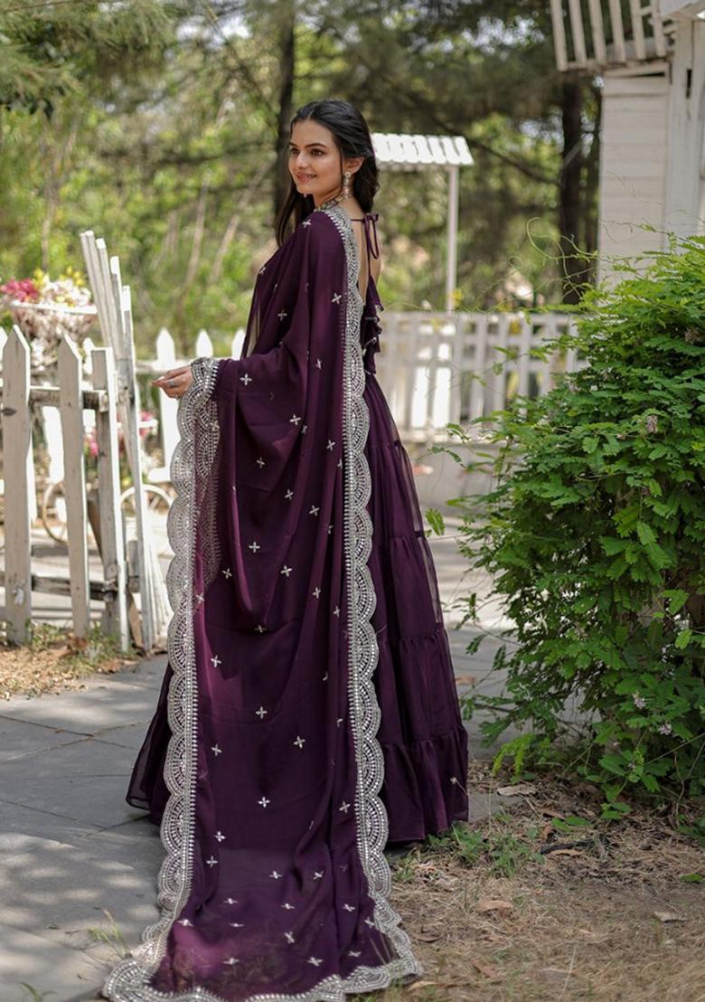Wine Sequin Embroidered Faux Blooming Georgette Anarkali Set