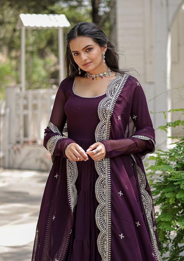 Wine Sequin Embroidered Faux Blooming Georgette Anarkali Set