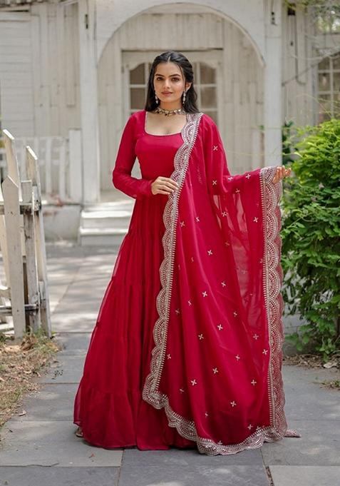 Rani Pink Sequin Embroidered Faux Blooming Georgette Anarkali With Dupatta