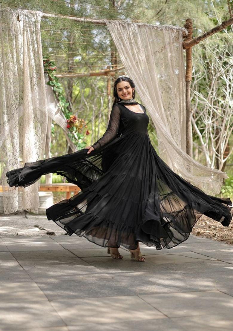 Black Sequin Embroidered Faux Blooming Georgette Anarkali Set