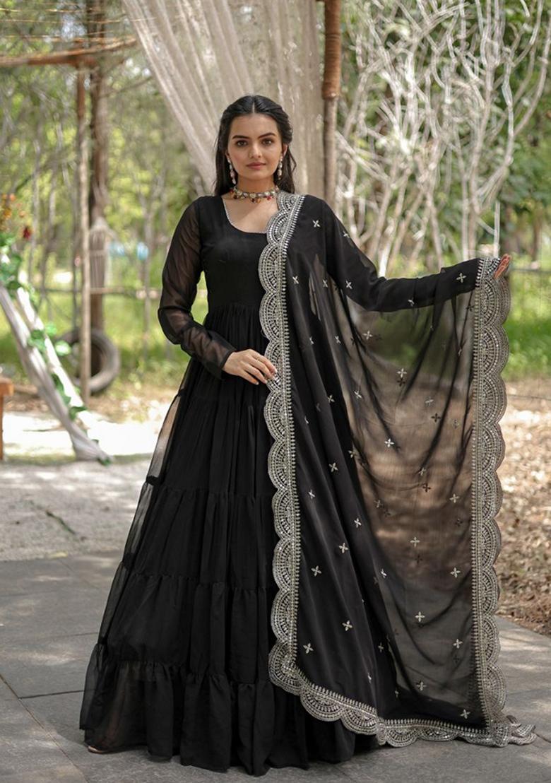Black Sequin Embroidered Faux Blooming Georgette Anarkali Set
