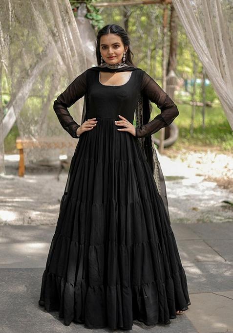 Black Sequin Embroidered Faux Blooming Georgette Anarkali Set